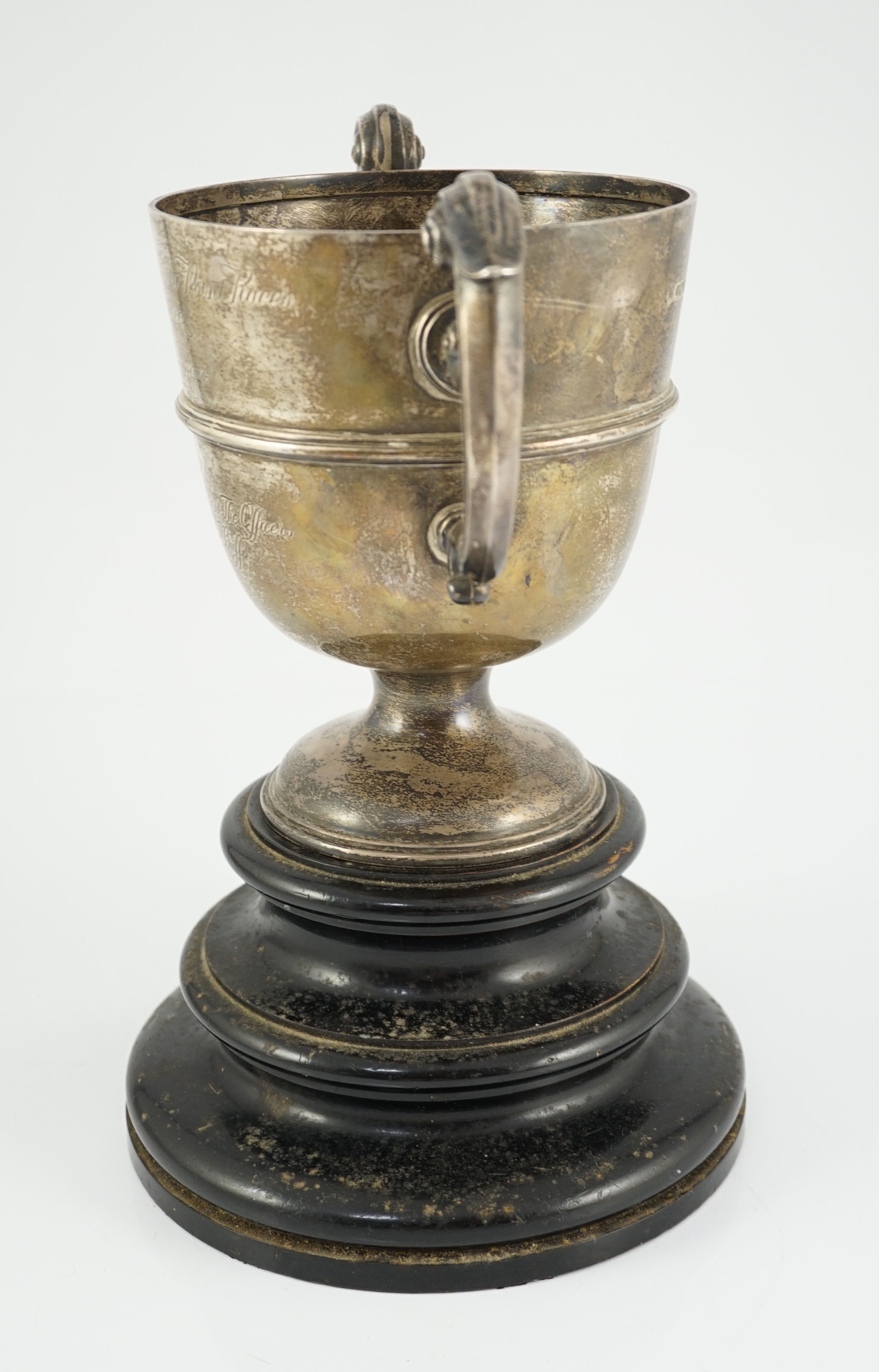 A late Victorian silver two handled trophy cup, with horse racing inscription relating to the South Down Hunt Point to Point, by James Deakin & Sons